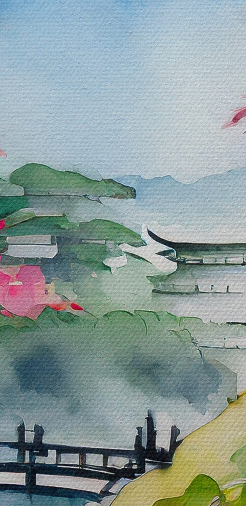 Watercolor painting of a mountain and trees with pink flowers Watercolor painting of a mountain and trees with pink flowers
