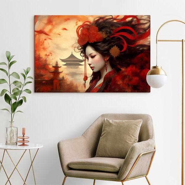 Une femme aux cheveux longs avec des fleurs rouges dans les cheveux Une femme aux cheveux longs avec des fleurs rouges dans les cheveux