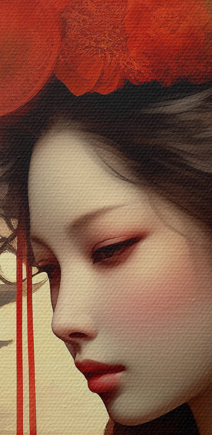 Une femme aux cheveux longs avec des fleurs rouges dans les cheveux