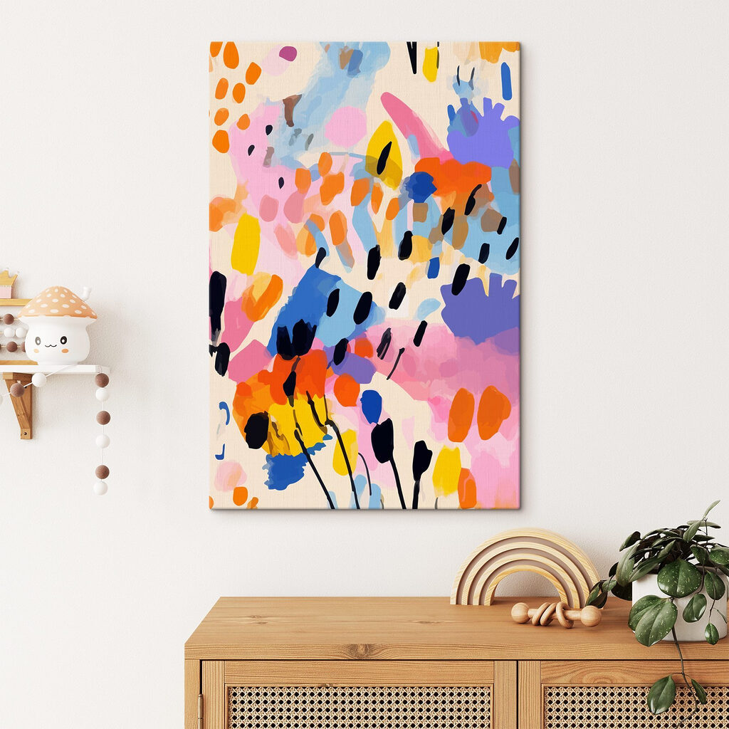 A colorful painting of black dots and spots A colorful painting of black dots and spots