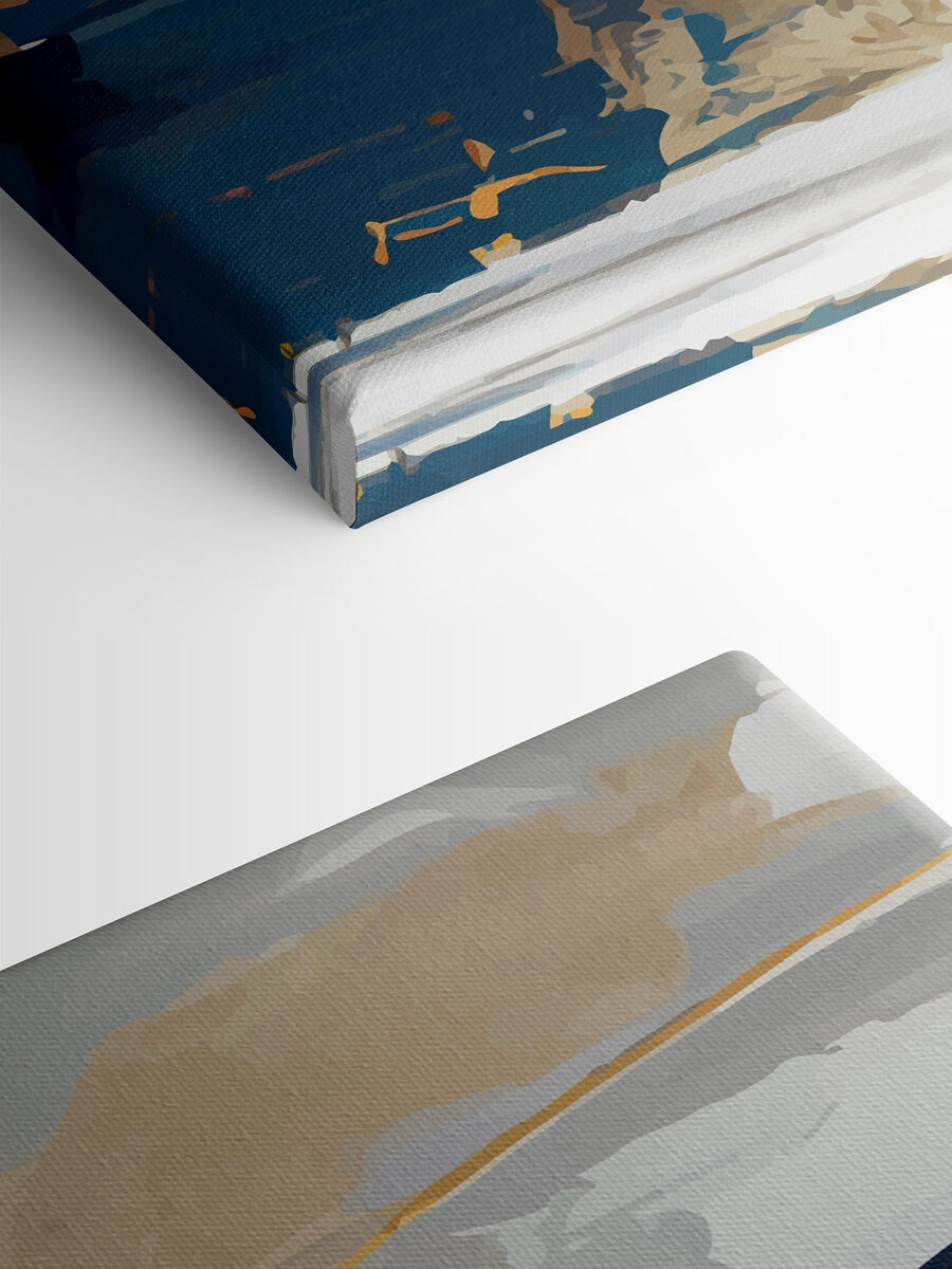 Une peinture bleue, blanche et brune