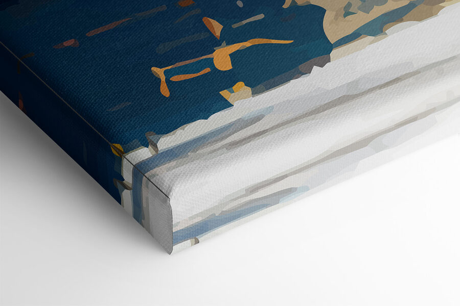 Une peinture bleue, blanche et brune