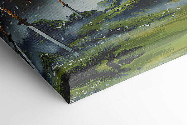 A person standing in a field with swords