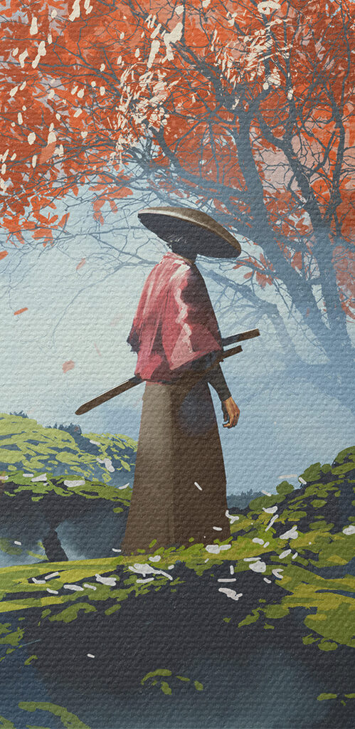 A person standing in a field with swords