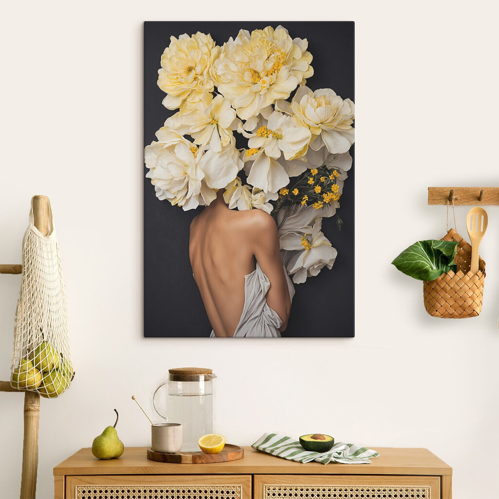 A woman with flowers over her head A woman with flowers over her head