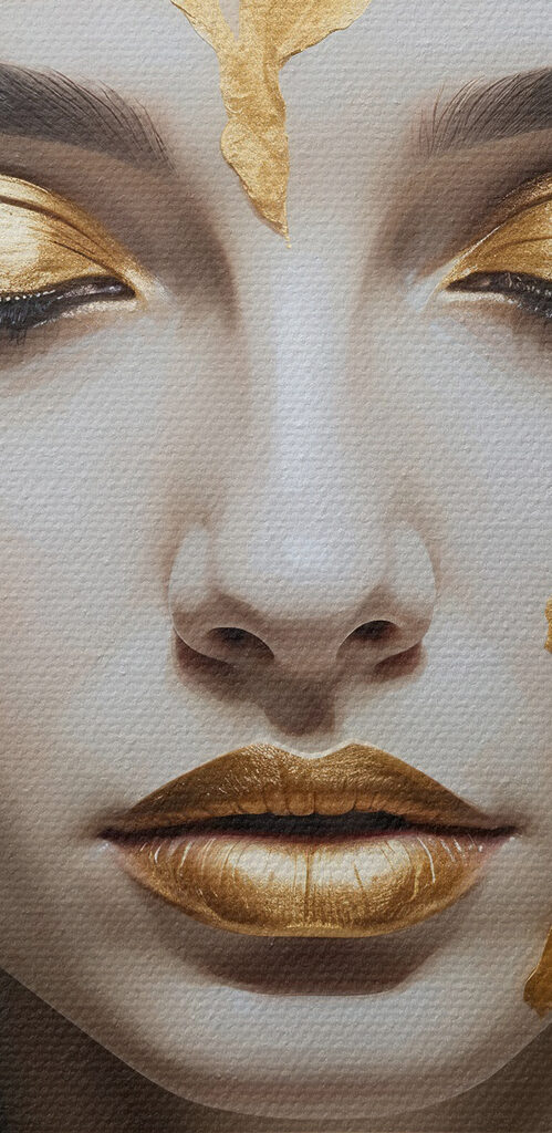 Ethereal beauty adorned in metallic leaves Ethereal beauty adorned in metallic leaves