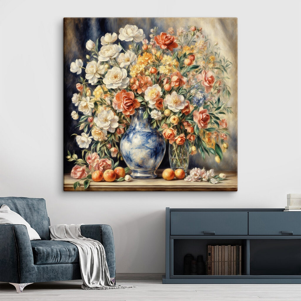A painting of flowers in a vase and fruit