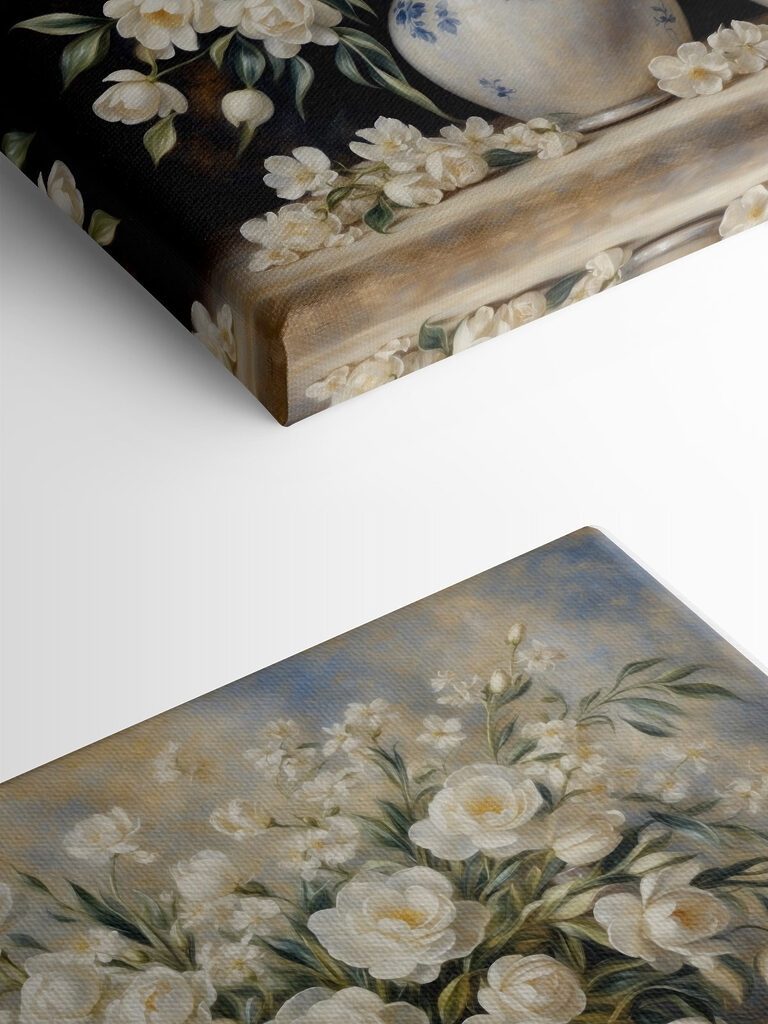 A painting of white flowers in vases