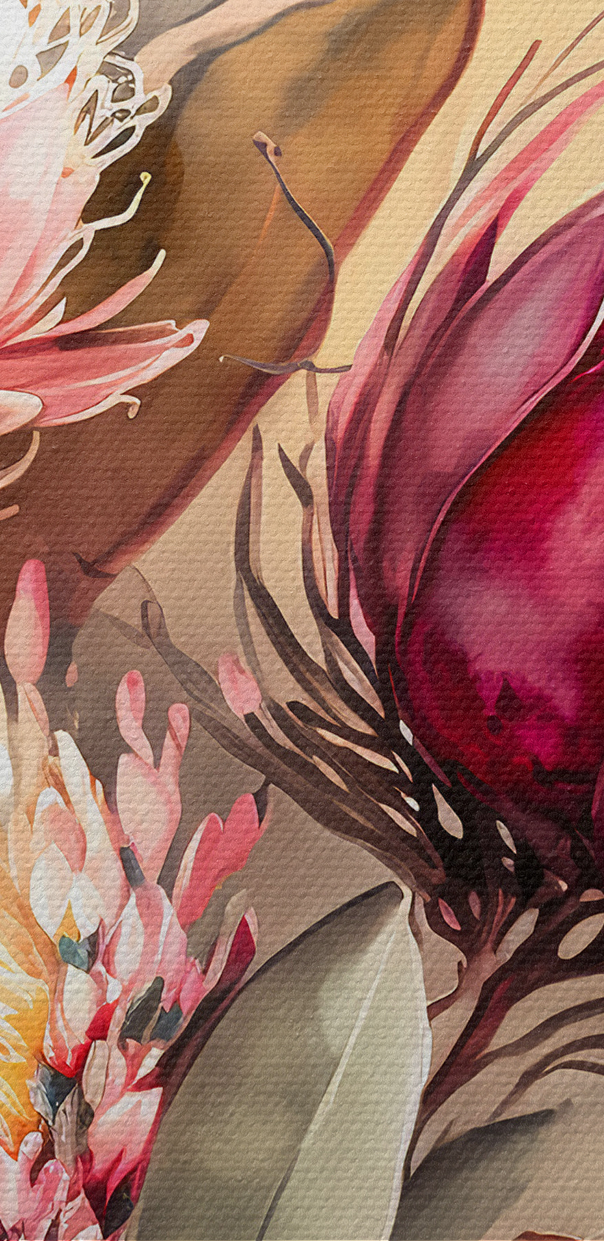 Une peinture de fleurs et de feuilles