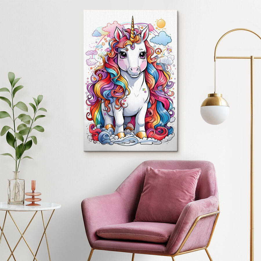 Une licorne de dessin animé avec des cheveux arc-en-ciel Une licorne de dessin animé avec des cheveux arc-en-ciel
