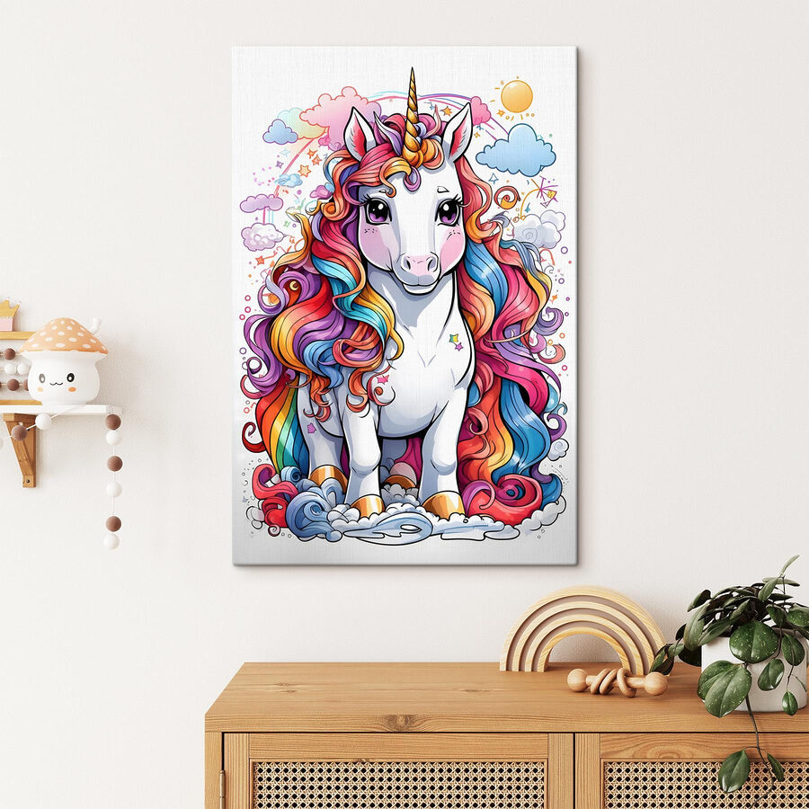 Une licorne de dessin animé avec des cheveux arc-en-ciel Une licorne de dessin animé avec des cheveux arc-en-ciel