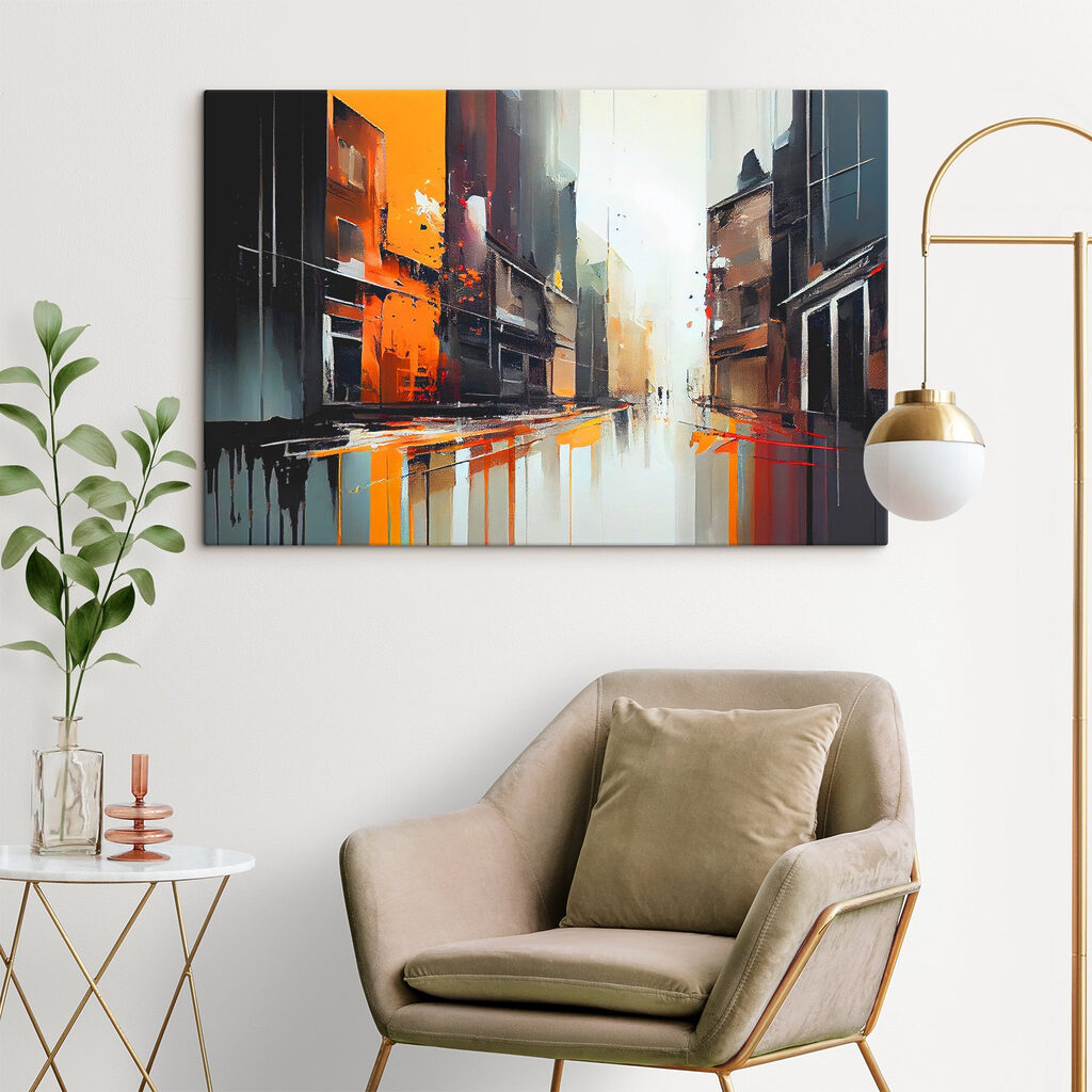A painting of a street with buildings A painting of a street with buildings