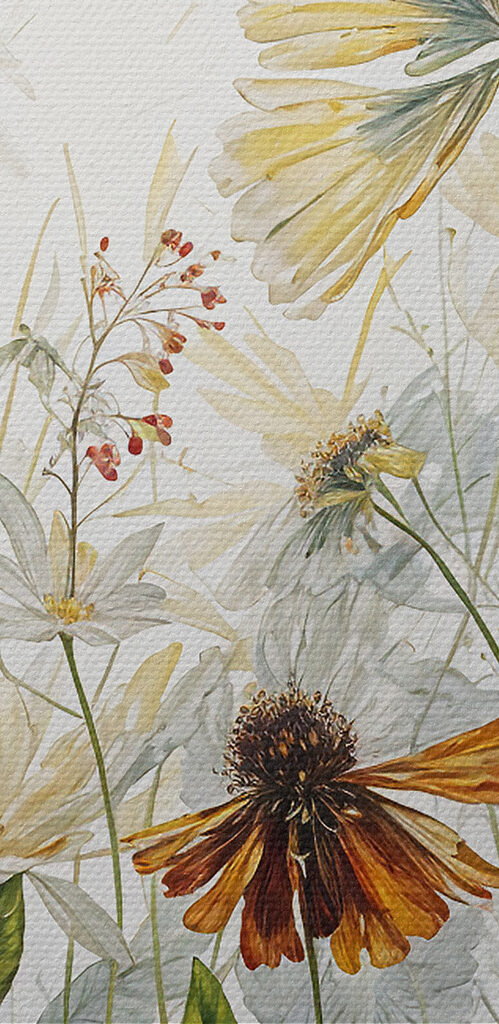 A painting of flowers and leaves
