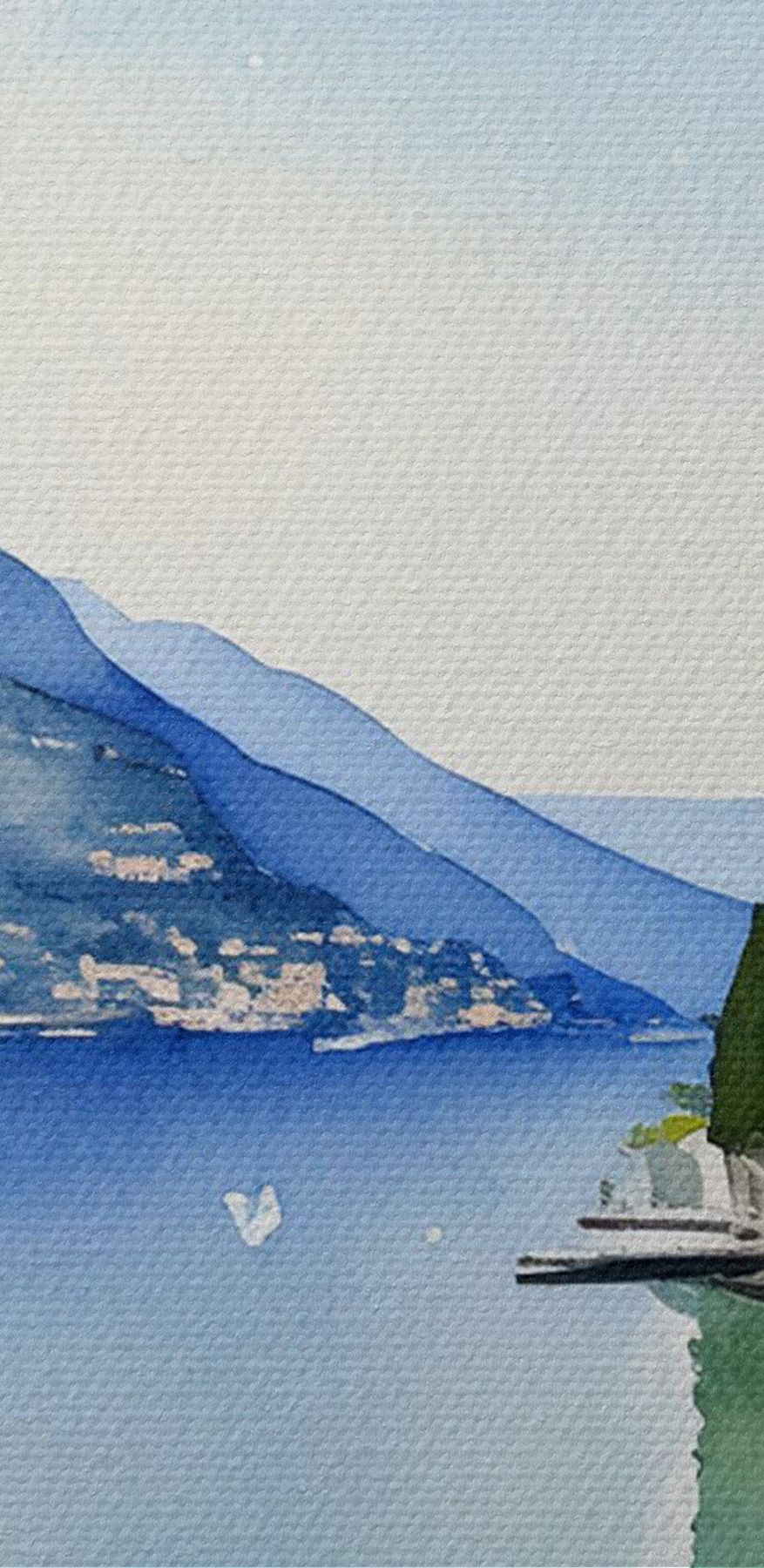Aquarelle d'une ville et d'une étendue d'eau