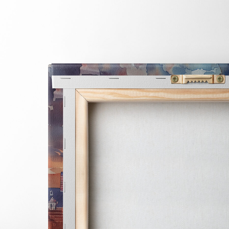 Une aquarelle représentant une ville avec une tour d'horloge et une rivière. Une aquarelle représentant une ville avec une tour d'horloge et une rivière.