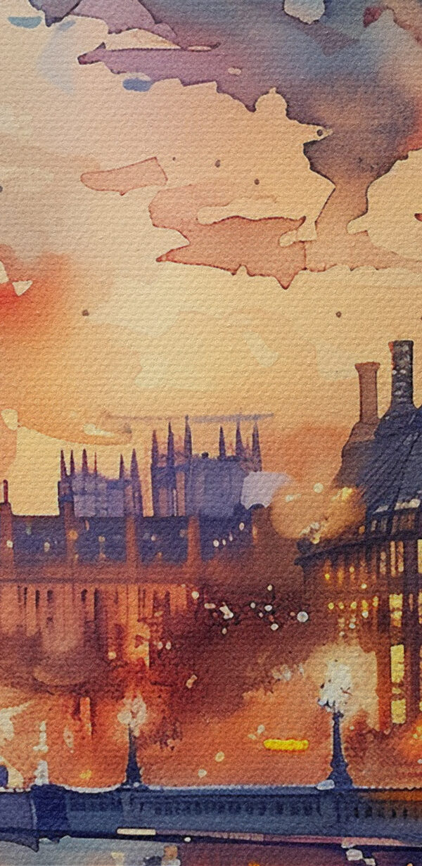 Une aquarelle représentant une ville avec une tour d'horloge et une rivière. Une aquarelle représentant une ville avec une tour d'horloge et une rivière.