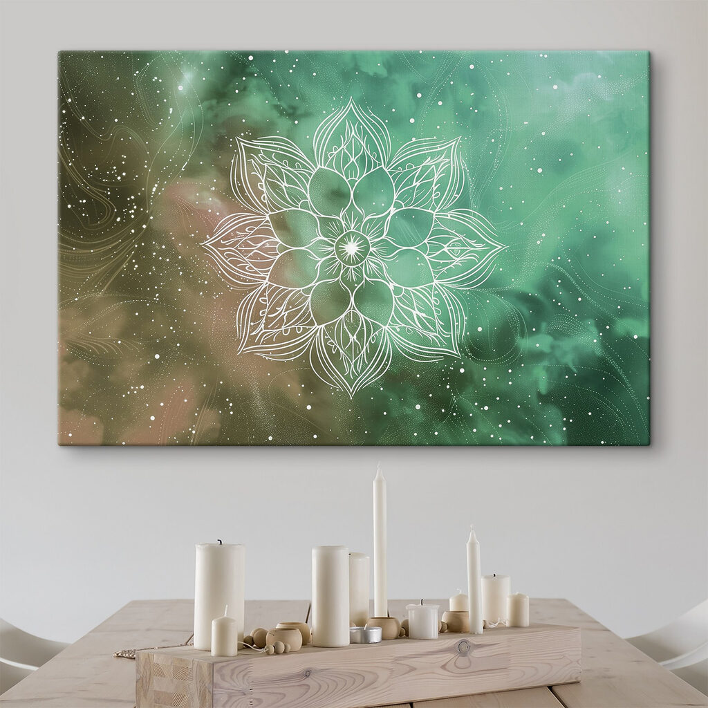 A white mandala on a green and blue background A white mandala on a green and blue background