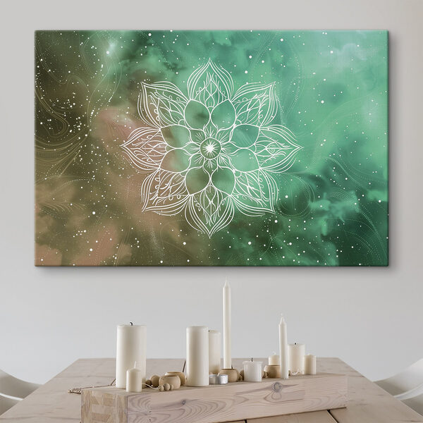 Un mandala blanc sur fond vert et bleu Un mandala blanc sur fond vert et bleu