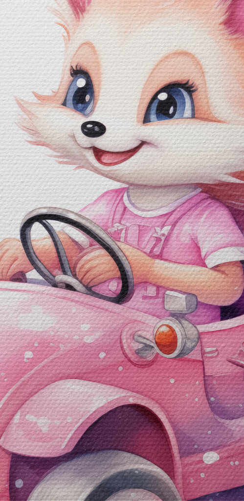 A cartoon fox driving a pink car A cartoon fox driving a pink car