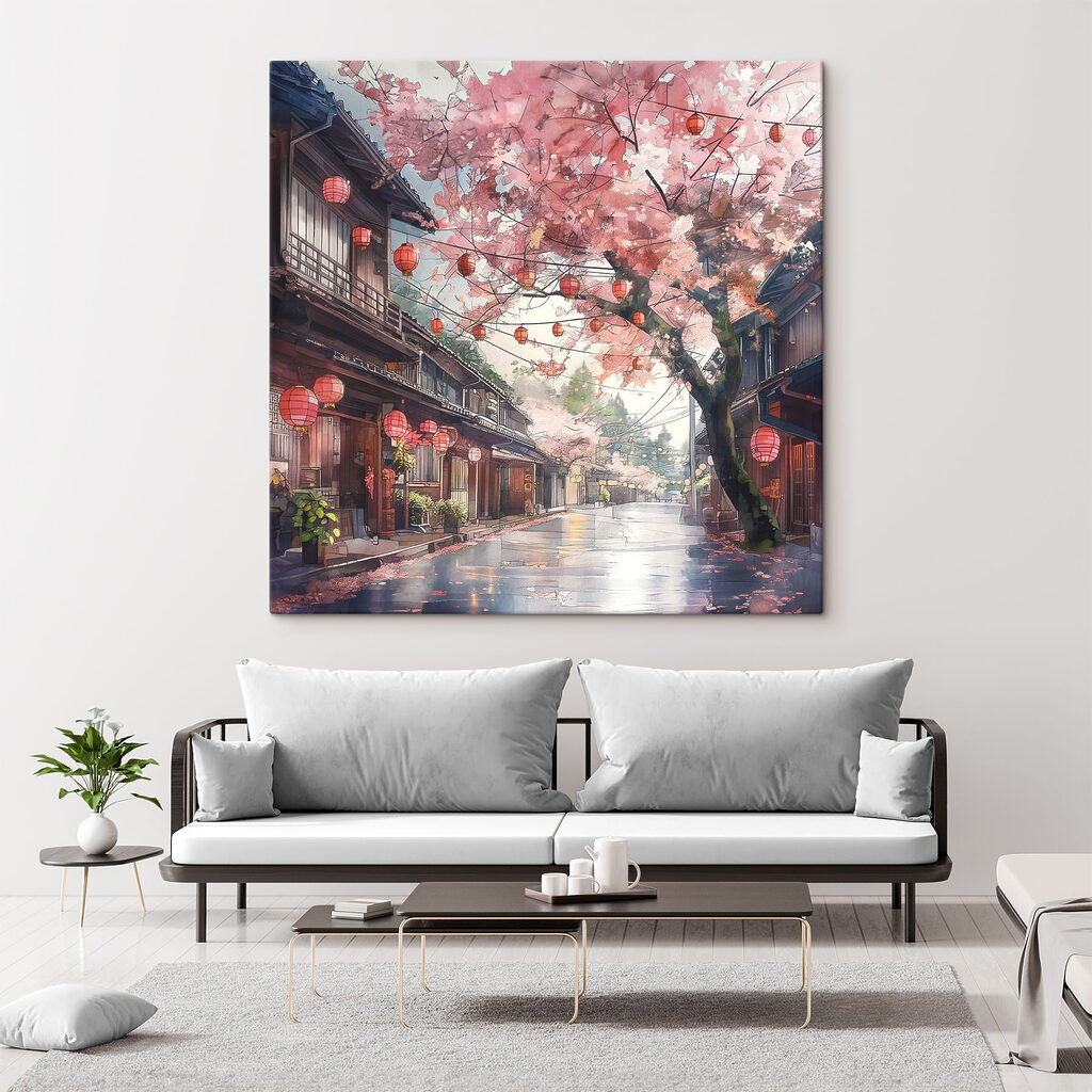 Street with pink lanterns and trees