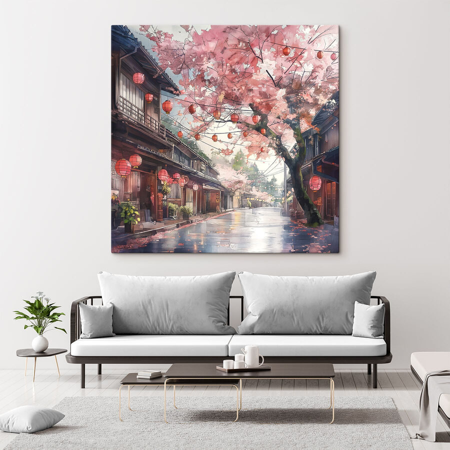 Rue avec lanternes roses et arbres