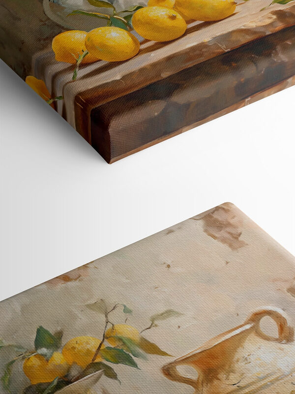 Painting of lemons and vases on a table Painting of lemons and vases on a table