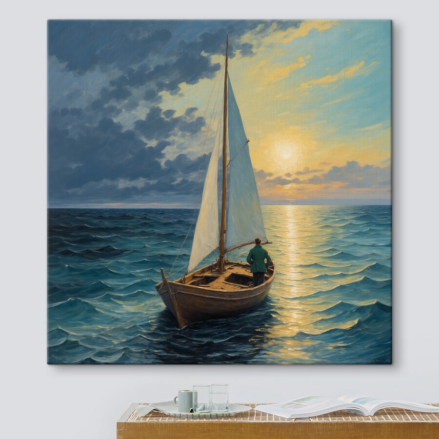 Peinture d'un homme dans un bateau dans l'océan