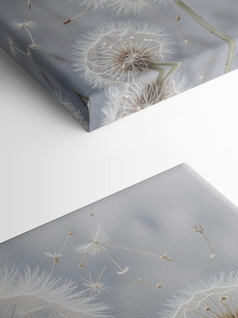 Group of dandelions with seeds flying