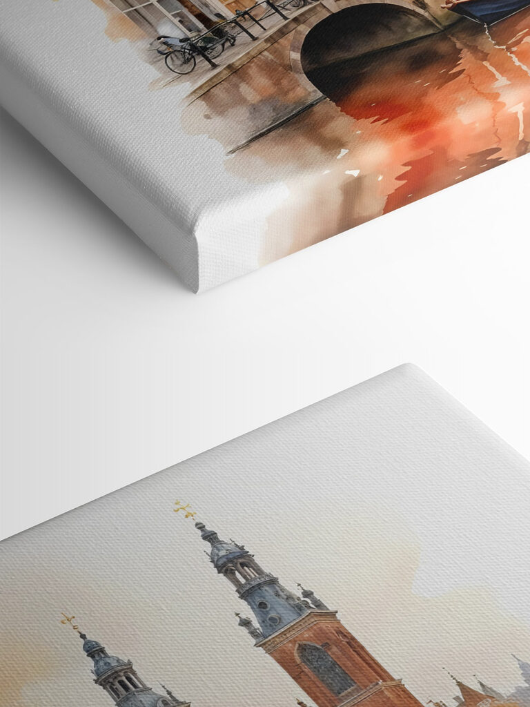 Watercolor of a canal with boats and buildings Watercolor of a canal with boats and buildings