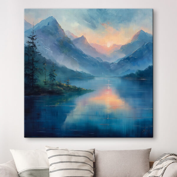Peinture d'un lac avec montagnes et arbres Peinture d'un lac avec montagnes et arbres