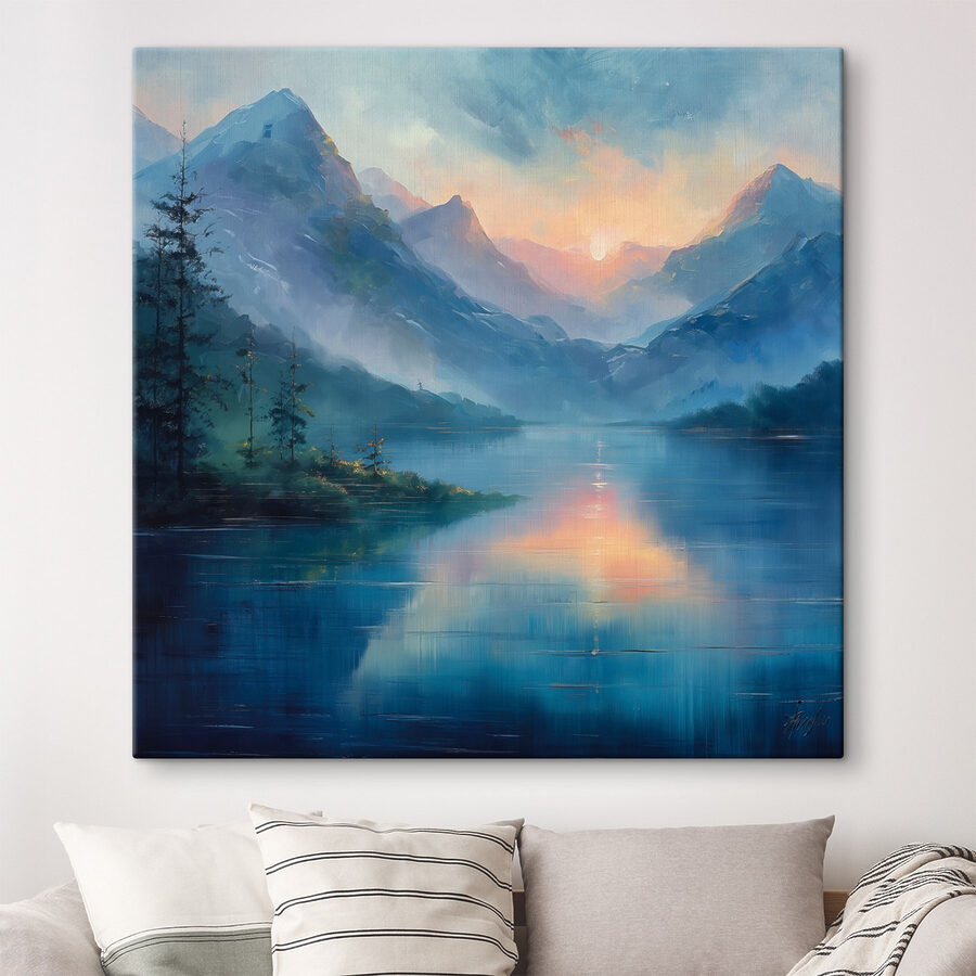 Peinture d'un lac avec montagnes et arbres