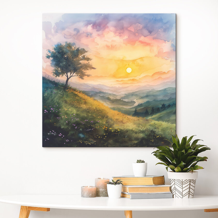 Peinture d'un paysage avec un arbre et des fleurs