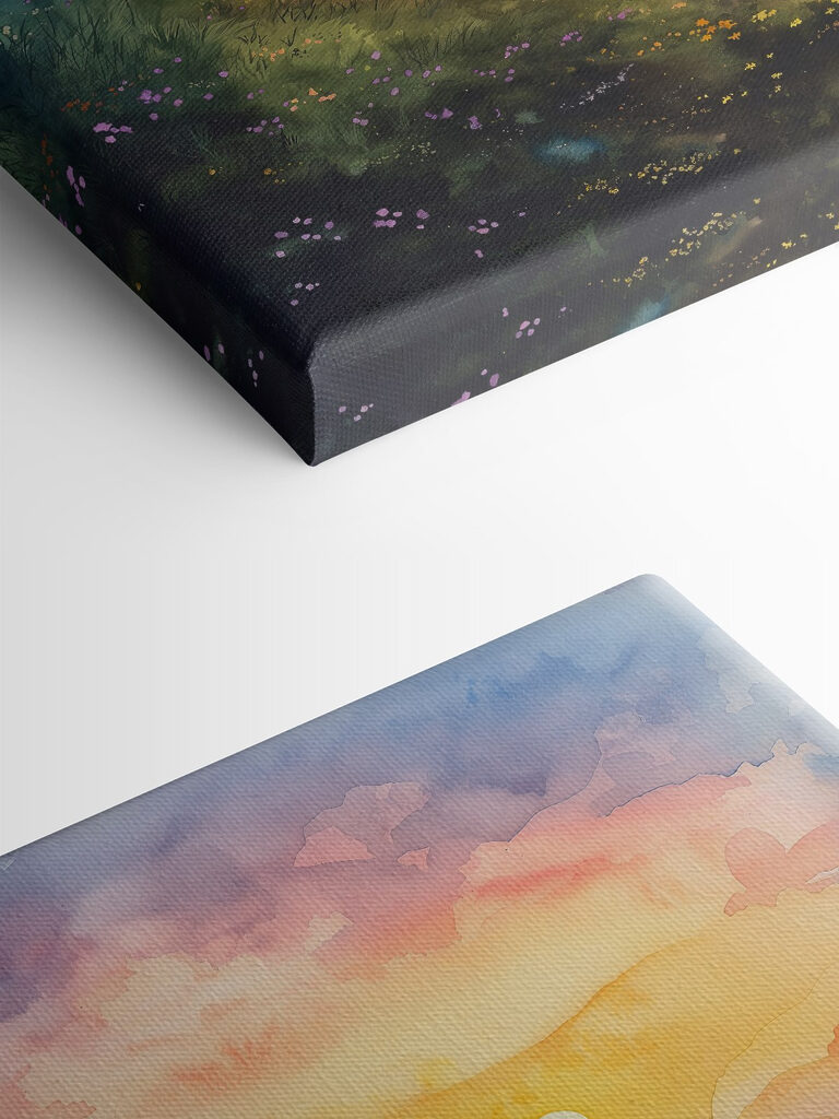 Painting of a landscape with a tree and flowers