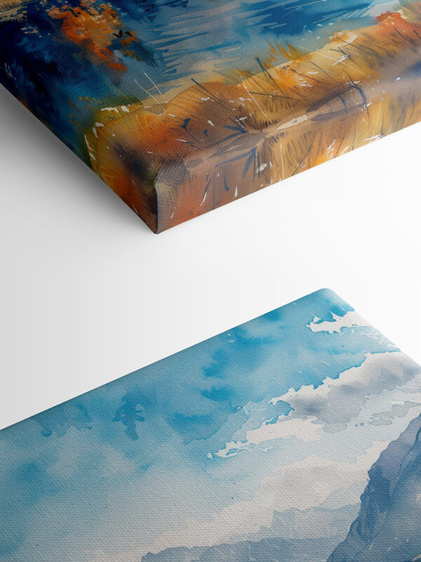 Aquarelle d'un lac entouré de montagnes et de nuages Aquarelle d'un lac entouré de montagnes et de nuages