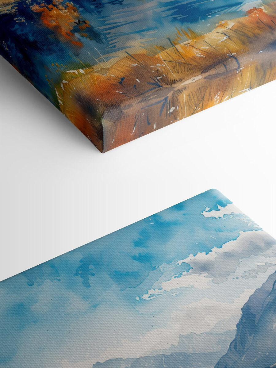 Aquarelle d'un lac entouré de montagnes et de nuages