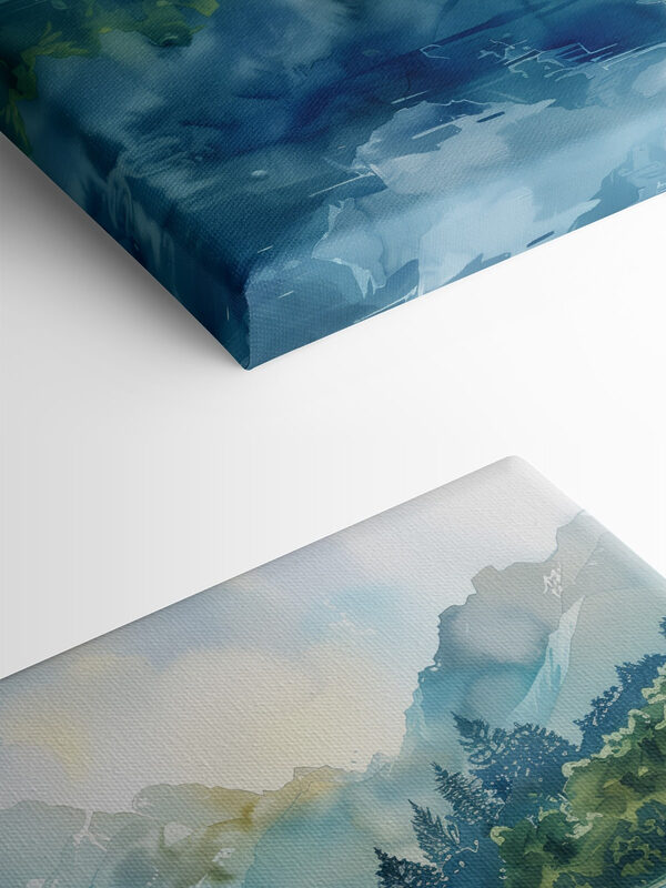 Peinture à l'eau d'un lac avec des arbres et des montagnes en arrière-plan Peinture à l'eau d'un lac avec des arbres et des montagnes en arrière-plan