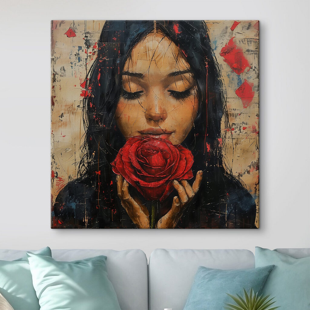 Painting of a woman holding a red rose Painting of a woman holding a red rose