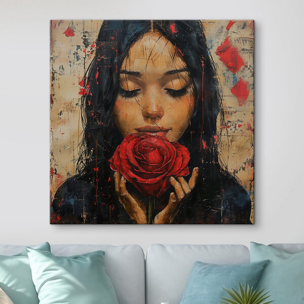 Peinture d'une femme tenant une rose rouge Peinture d'une femme tenant une rose rouge