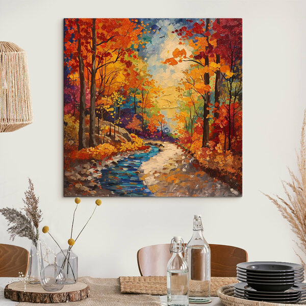 Peinture d'une rivière traversant une forêt Peinture d'une rivière traversant une forêt