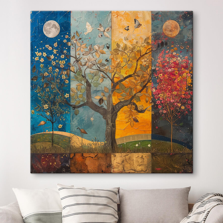 Tableaux Peinture d'un arbre avec différentes couleurs d'arbres et d'oiseaux – Image 8