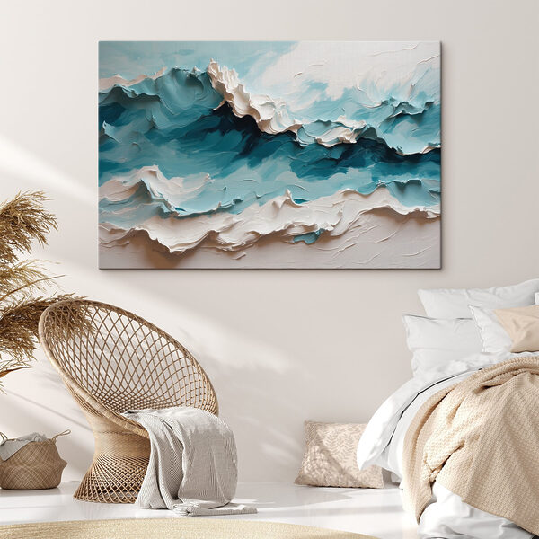 Painting of a mountain with white and blue waves Painting of a mountain with white and blue waves