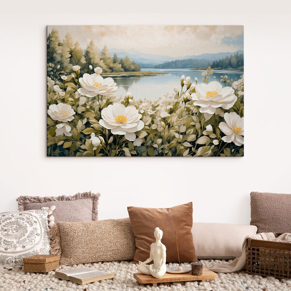 Peinture de fleurs au bord d'un lac Peinture de fleurs au bord d'un lac