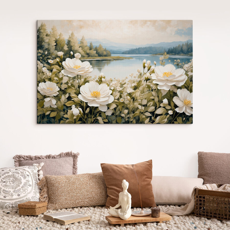 Peinture de fleurs au bord d'un lac