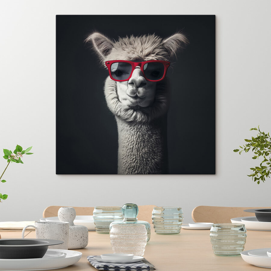 Lama portant des lunettes de soleil rouges