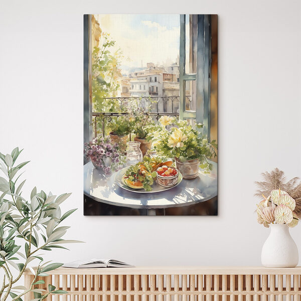 Aquarelle de fleurs et de fruits sur une table devant une fenêtre Aquarelle de fleurs et de fruits sur une table devant une fenêtre