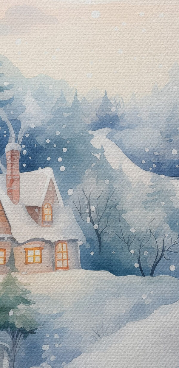 Peinture de maisons dans une forêt enneigée Peinture de maisons dans une forêt enneigée