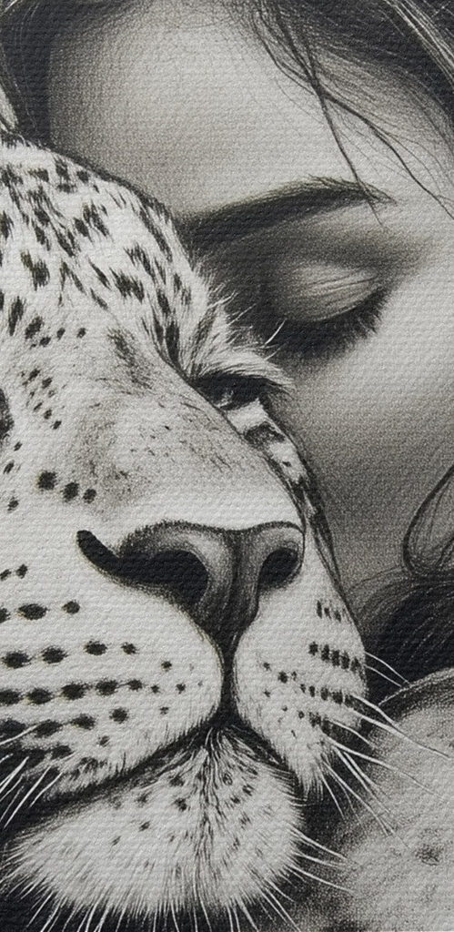 Drawing of a woman hugging a leopard