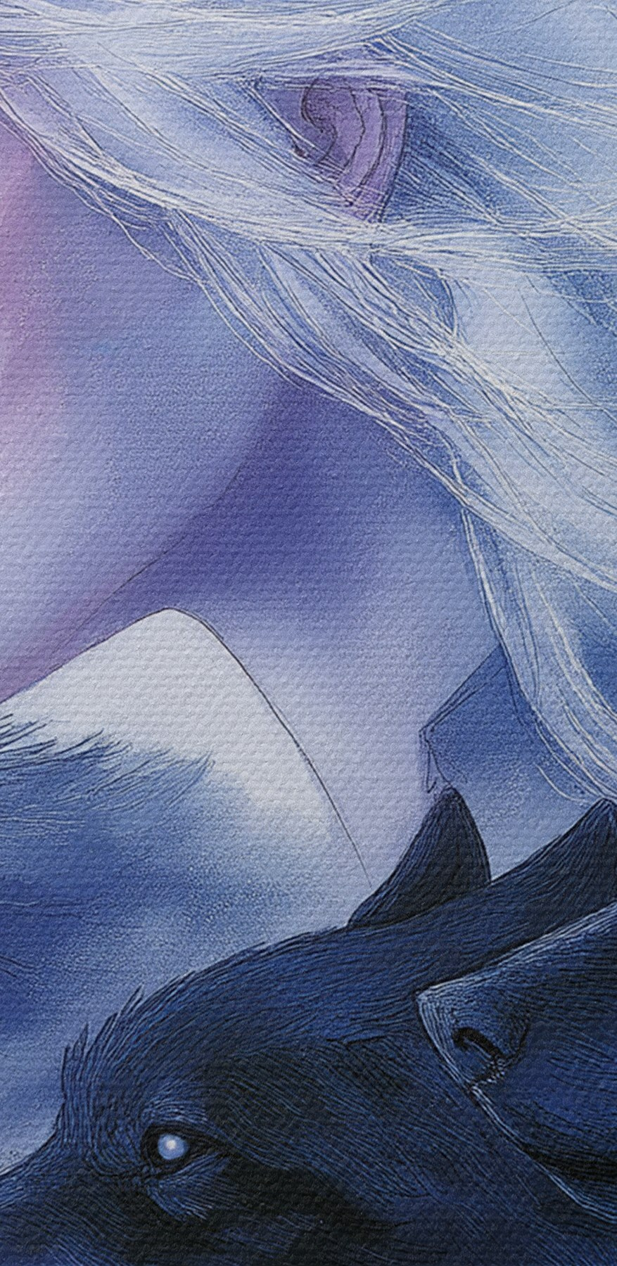 Femme aux cheveux blancs et loups