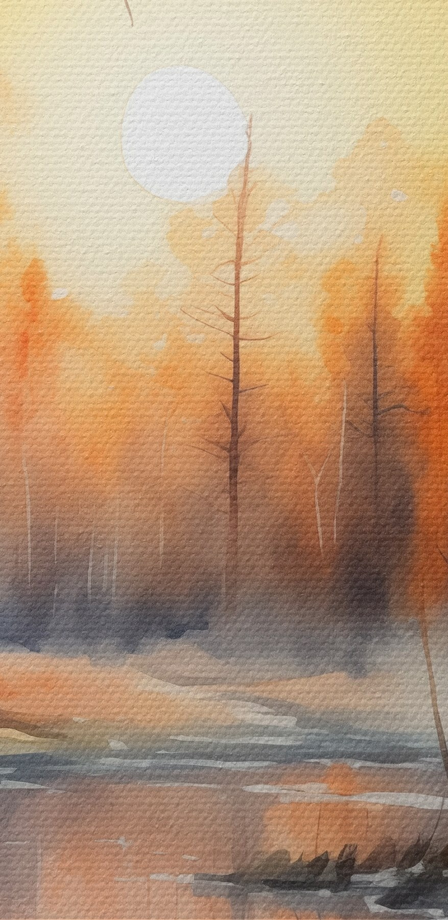 Aquarelle d'une rivière avec des arbres et des plantes
