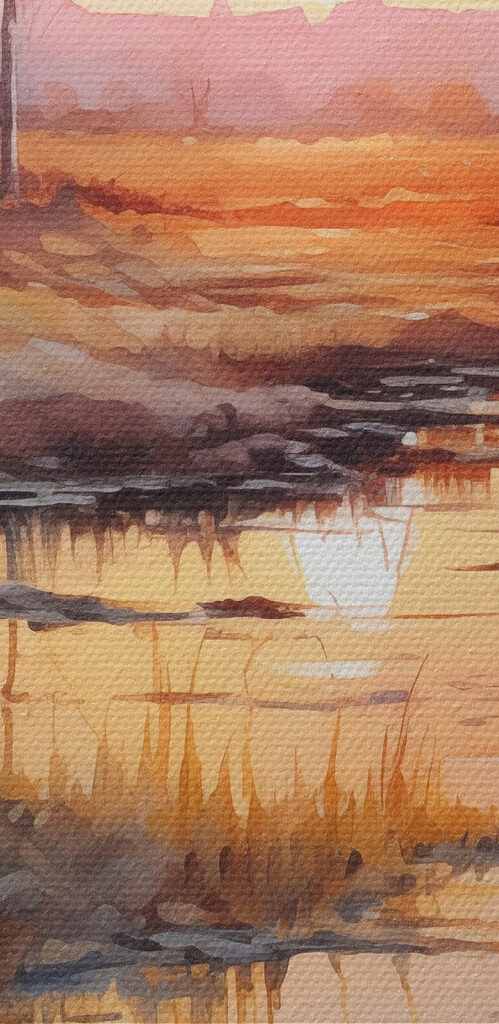 Watercolor painting of a river with trees and a sunset Watercolor painting of a river with trees and a sunset